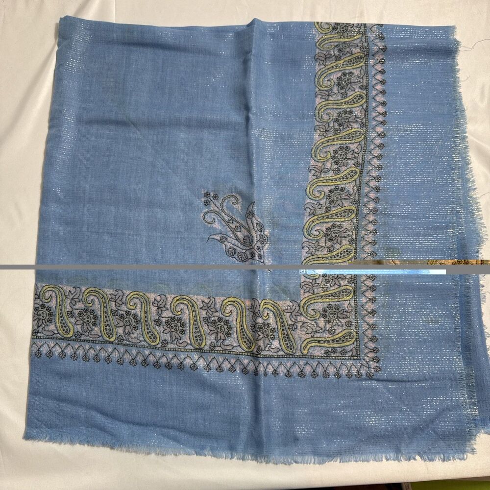 Womens Blue Woven Style Scarf 48”x46” Fringed Lightweight Versatile Fashion